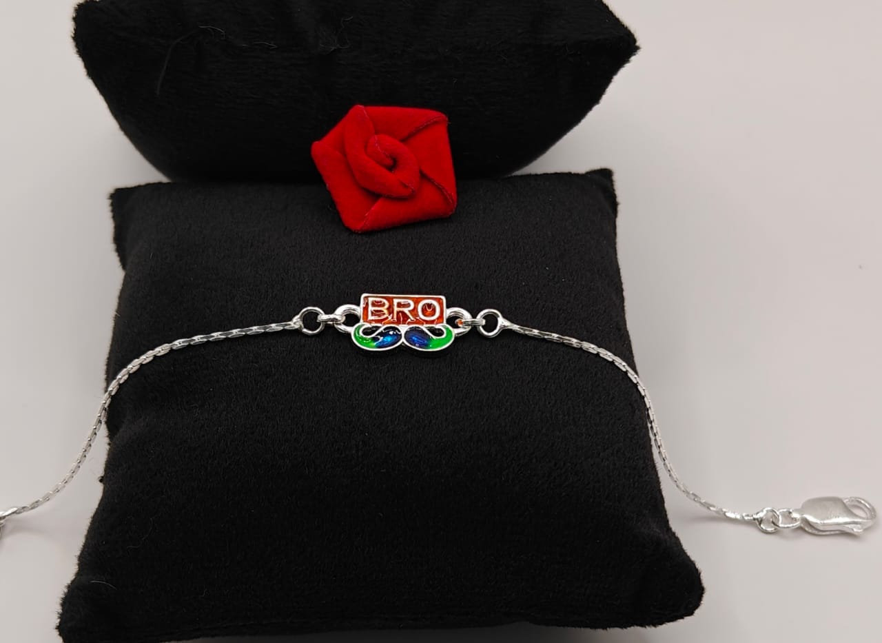 Sterling Silver BRO Bracelet with Colorful Mustache Charm – Trendy Rakhi Gift for Brothers