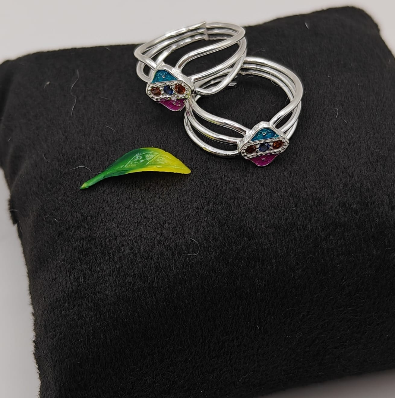silver multi-band toe rings with colorful enamel and crystal details