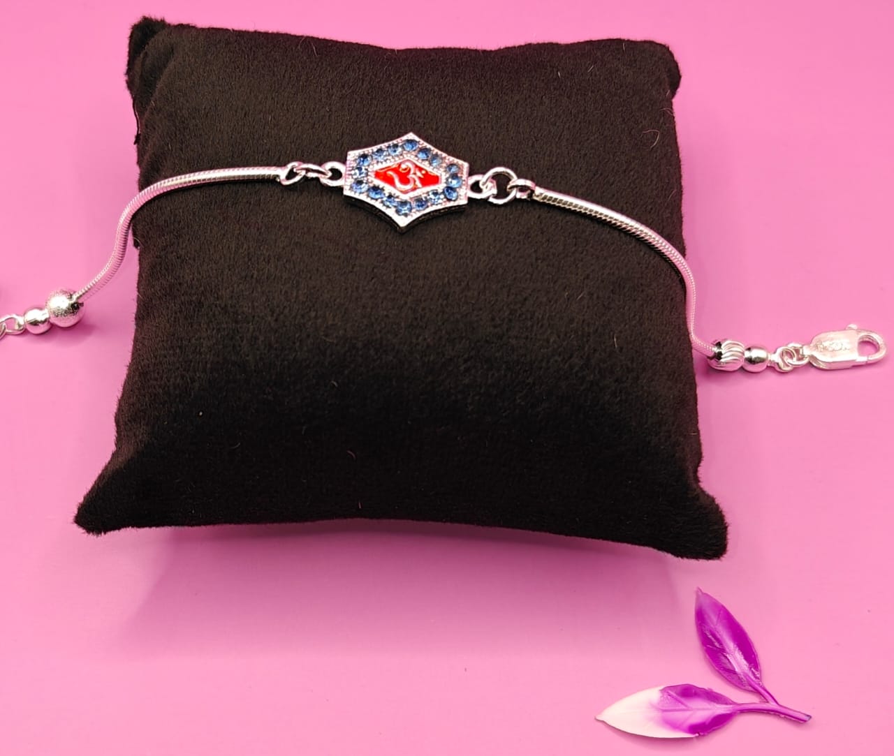 Silver Plated Om Rakhi Bracelet with Blue CZ Stones for Men & Boys