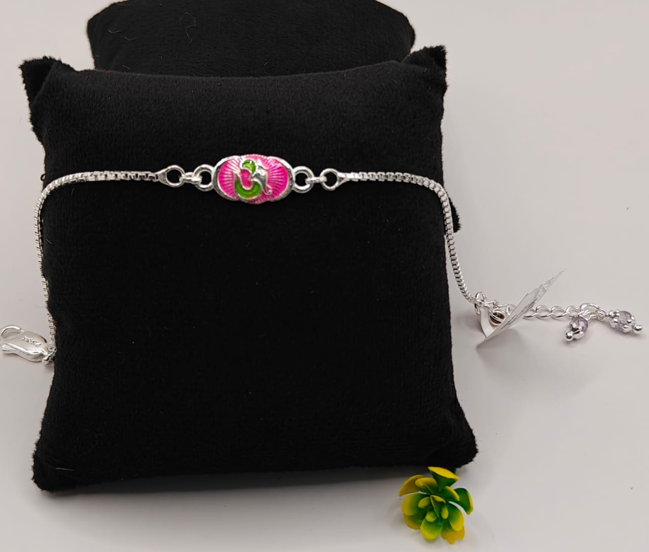 Sterling Silver Pink Enamel Ganesha Adjustable Bracelet for Women & Girls