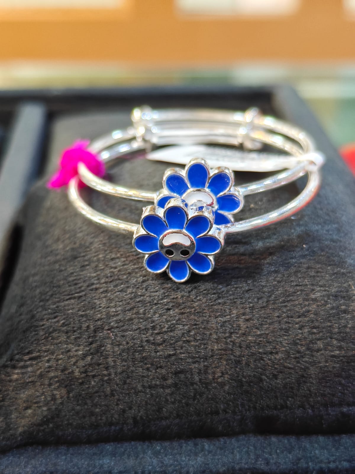 Blue Floral Silver Baby Kada Pair